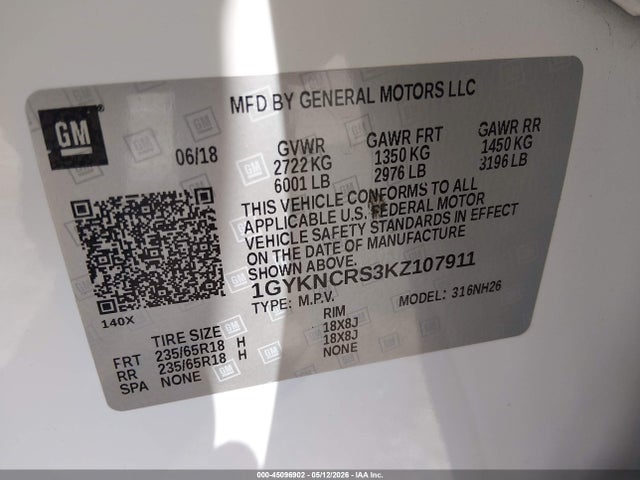 45096902 :رقم المزاد ، 1GYKNCRS3KZ107911 vin ، 2019 Cadillac Xt5 Luxury مزاد بيع