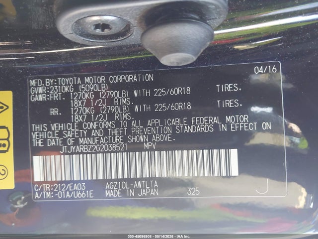 Aukcja sprzedaży 2016 Lexus Nx 200t, vin: JTJYARBZ2G2038521, numer aukcji: 45096908