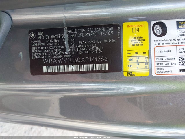 45096940 :رقم المزاد ، WBAWV1C50AP124266 vin ، 2010 Bmw 328i مزاد بيع