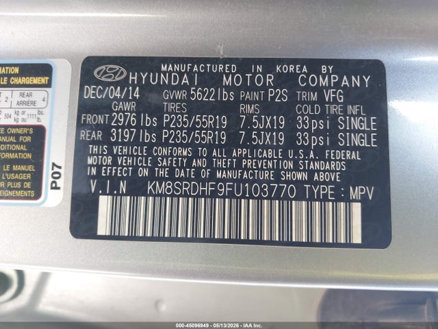 Продаж на аукціоні авто 2015 Hyundai Santa Fe Limited, vin: KM8SRDHF9FU103770, номер лоту: 45096949