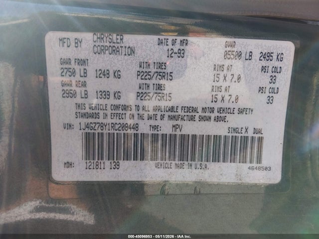Продаж на аукціоні авто 1994 Jeep Grand Cherokee Limited, vin: 1J4GZ78Y1RC208448, номер лоту: 45096953
