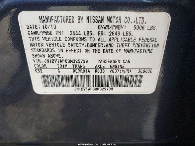 Aukcja sprzedaży 2011 Infiniti M37, vin: JN1BY1AP6BM325799, numer aukcji: 45096962