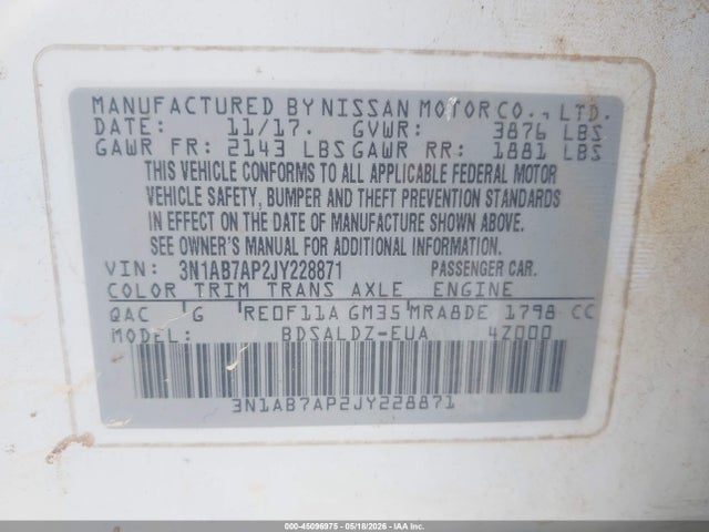 Продаж на аукціоні авто 2018 Nissan Sentra Sv, vin: 3N1AB7AP2JY228871, номер лоту: 45096975