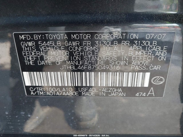 45096979 :رقم المزاد ، JTHBL46F875049316 vin ، 2007 Lexus Ls 460 مزاد بيع