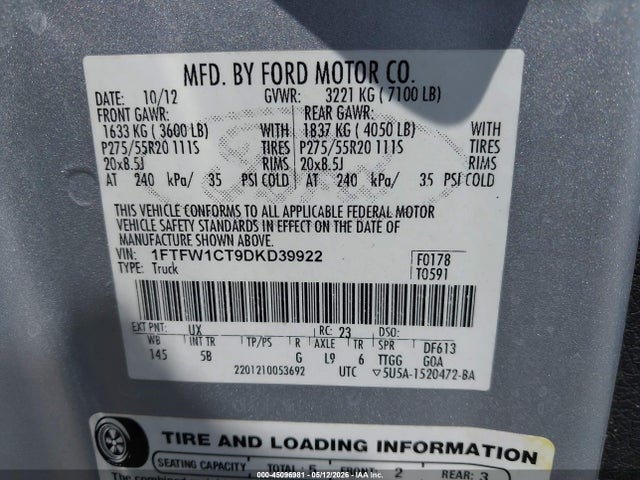 45096981 :رقم المزاد ، 1FTFW1CT9DKD39922 vin ، 2013 Ford F-150 Fx2 مزاد بيع