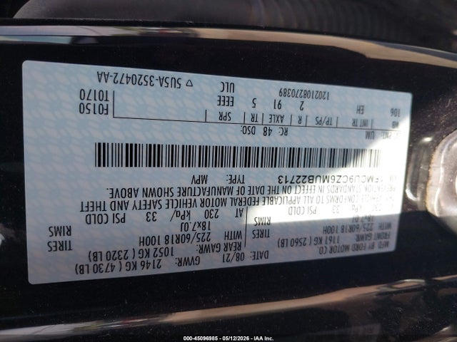 45096985 :رقم المزاد ، 1FMCU9CZ6MUB22713 vin ، 2021 Ford Escape Sel Hybrid مزاد بيع