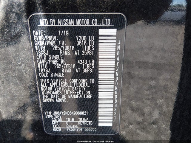 2019 Nissan Armada Sv მანქანა იყიდება აუქციონზე, vin: JN8AY2ND6K9088821, აუქციონის ნომერი: 45096988