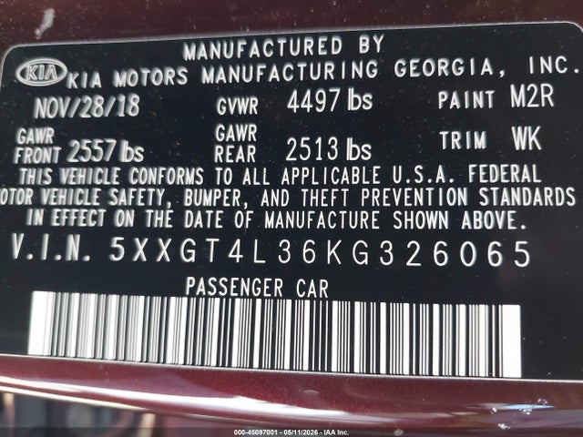 KIA Optima Lx 2019 5XXGT4L36KG326065 Image 9