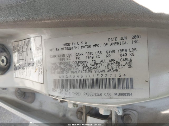 Aukcja sprzedaży 2001 Mitsubishi Galant Es V6/gtz, vin: 4A3AA46HX1E227154, numer aukcji: 45097002