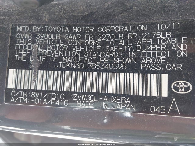 Aukcja sprzedaży 2011 Toyota Prius Two, vin: JTDKN3DU3B5340595, numer aukcji: 45097014