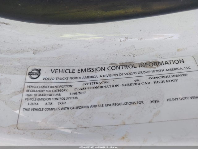2018 Volvo Vnl მანქანა იყიდება აუქციონზე, vin: 4V4NC9EH1JN896589, აუქციონის ნომერი: 45097023