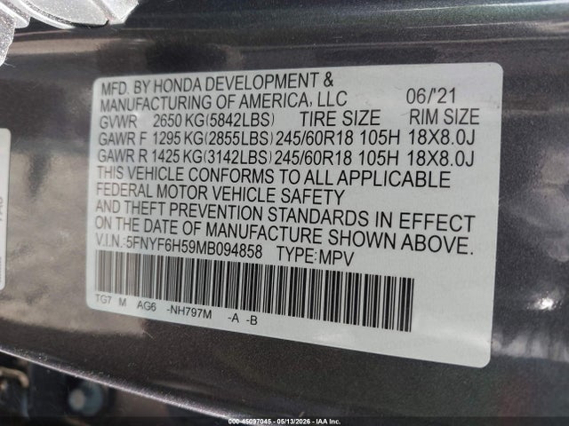 45097045 :رقم المزاد ، 5FNYF6H59MB094858 vin ، 2021 Honda Pilot Awd Ex-l مزاد بيع