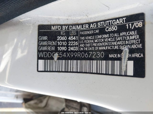 45097049 :رقم المزاد ، WDDGF54X99R067230 vin ، 2009 Mercedes-benz C 300 Luxury/sport مزاد بيع