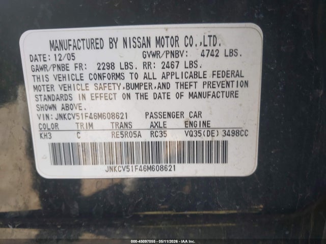 Aukcja sprzedaży 2006 Infiniti G35x, vin: JNKCV51F46M608621, numer aukcji: 45097055