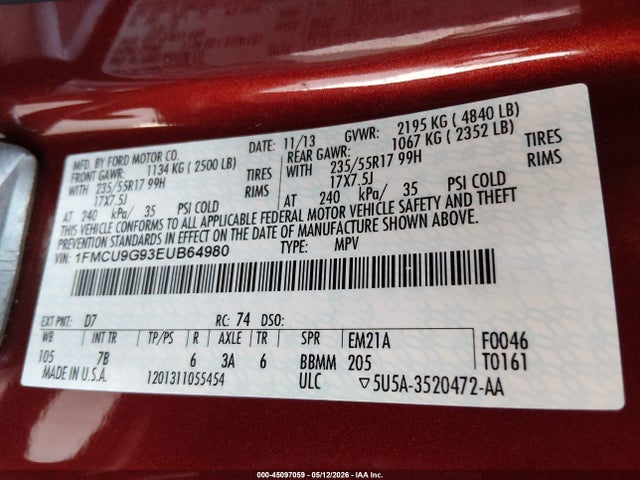 45097059 :رقم المزاد ، 1FMCU9G93EUB64980 vin ، 2014 Ford Escape Se مزاد بيع