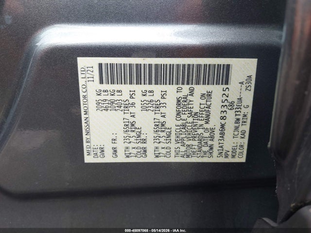 45097068 :رقم المزاد ، 5N1AT3AB6MC833525 vin ، 2021 Nissan Rogue S Intelligent Awd مزاد بيع