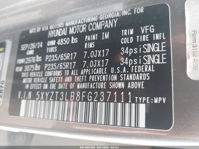 2015 Hyundai Santa Fe Sport 2.4l მანქანა იყიდება აუქციონზე, vin: 5XYZT3LB8FG237111, აუქციონის ნომერი: 45097069