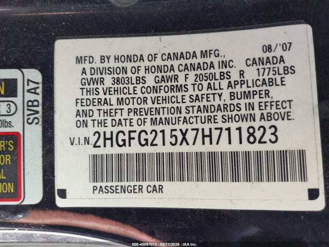 2007 Honda Civic Si მანქანა იყიდება აუქციონზე, vin: 2HGFG215X7H711823, აუქციონის ნომერი: 45097073