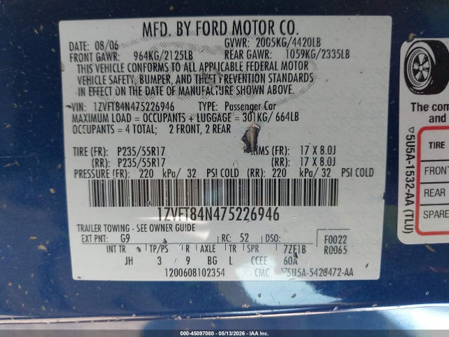 Aukcja sprzedaży 2007 Ford Mustang V6 Deluxe/v6 Premium, vin: 1ZVFT84N475226946, numer aukcji: 45097080
