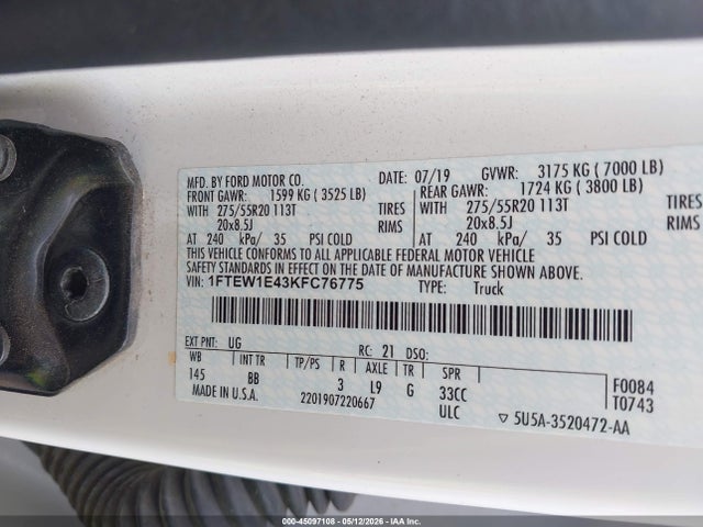 Продаж на аукціоні авто 2019 Ford F-150 Platinum, vin: 1FTEW1E43KFC76775, номер лоту: 45097108