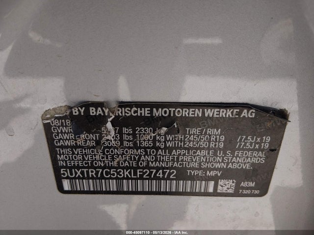 Aukcja sprzedaży 2019 Bmw X3 Sdrive30i, vin: 5UXTR7C53KLF27472, numer aukcji: 45097110