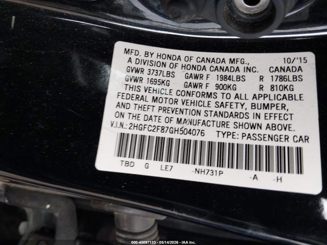 2016 Honda Civic Ex მანქანა იყიდება აუქციონზე, vin: 2HGFC2F87GH504076, აუქციონის ნომერი: 45097133