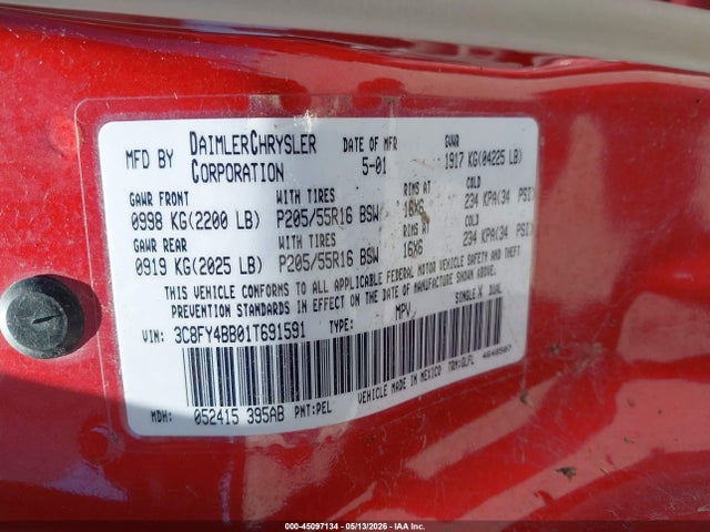2001 Chrysler Pt Cruiser მანქანა იყიდება აუქციონზე, vin: 3C8FY4BB01T691591, აუქციონის ნომერი: 45097134