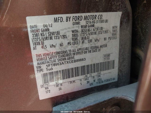 Aukcja sprzedaży 2012 Ford F-350 Lariat, vin: 1FT8W3ATXCEB89663, numer aukcji: 45097136