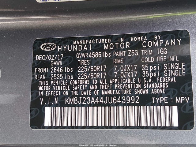 KM8J23A44JU643992 Hyundai TUCSON SE