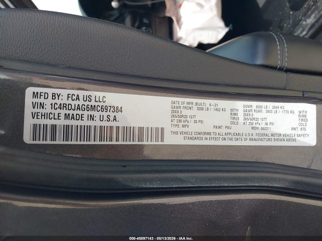 2021 Dodge Durango Sxt Plus Awd მანქანა იყიდება აუქციონზე, vin: 1C4RDJAG6MC697384, აუქციონის ნომერი: 45097143