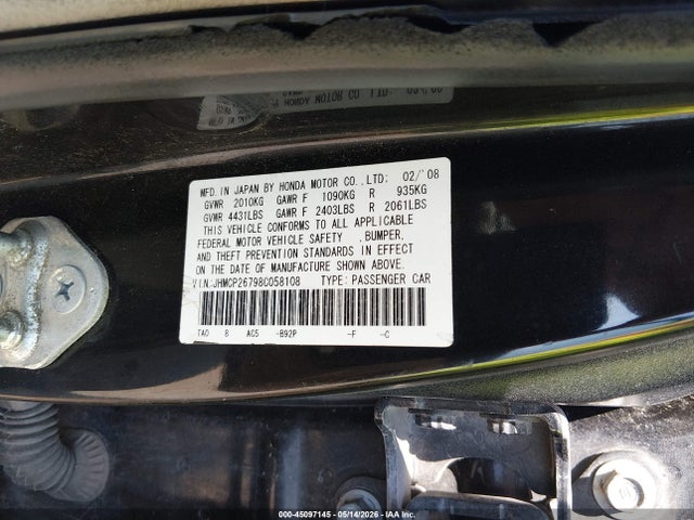 45097145 :رقم المزاد ، JHMCP26798C058108 vin ، 2008 Honda Accord 2.4 Ex مزاد بيع