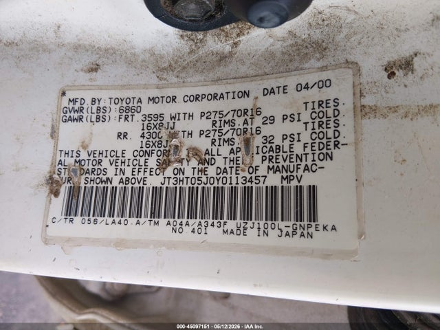 2000 Toyota Land Cruiser მანქანა იყიდება აუქციონზე, vin: JT3HT05J0Y0113457, აუქციონის ნომერი: 45097151
