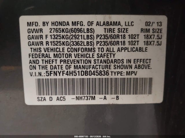Продаж на аукціоні авто 2013 Honda Pilot Ex-l, vin: 5FNYF4H51DB045836, номер лоту: 45097153