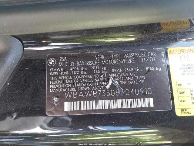 2008 Bmw 335i მანქანა იყიდება აუქციონზე, vin: WBAWB73508P040910, აუქციონის ნომერი: 45097160