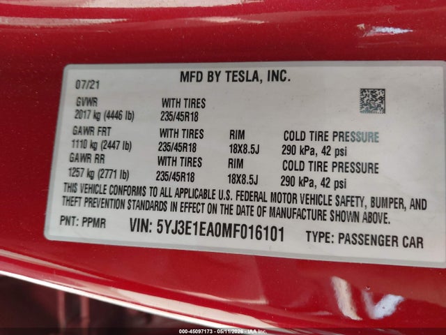 45097173 :رقم المزاد ، 5YJ3E1EA0MF016101 vin ، 2021 Tesla Model 3 Standard Range Plus Rear-wheel Drive مزاد بيع