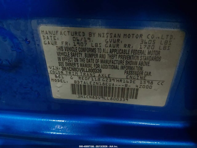 45097186 :رقم المزاد ، 3N1CN8DV9LL800339 vin ، 2020 Nissan Versa S Xtronic Cvt مزاد بيع