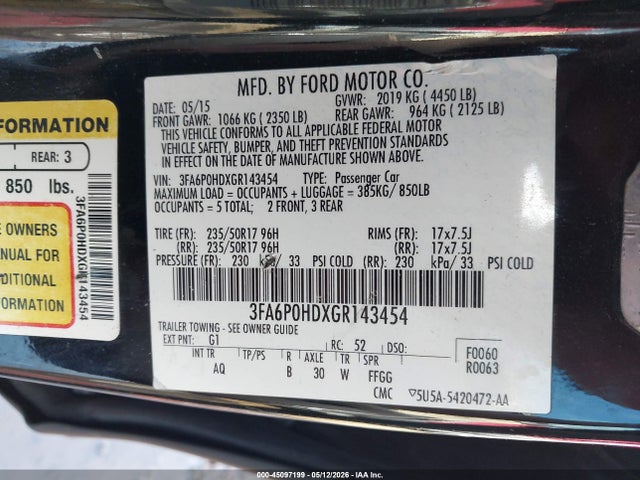 Продажа на аукционе авто 2016 Ford Fusion Se, vin: 3FA6P0HDXGR143454, номер лота: 45097199