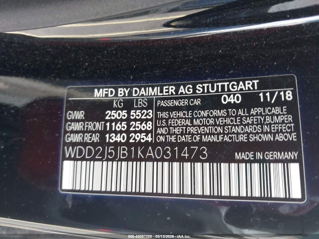 45097200 :رقم المزاد ، WDD2J5JB1KA031473 vin ، 2019 Mercedes-benz Cls 450 مزاد بيع