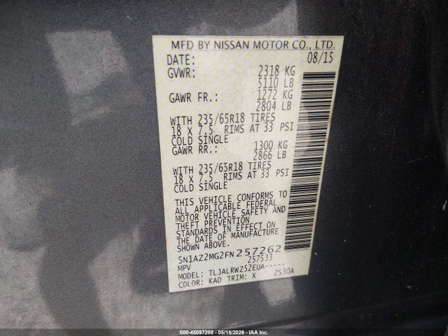 Aukcja sprzedaży 2015 Nissan Murano Sl, vin: 5N1AZ2MG2FN257262, numer aukcji: 45097208