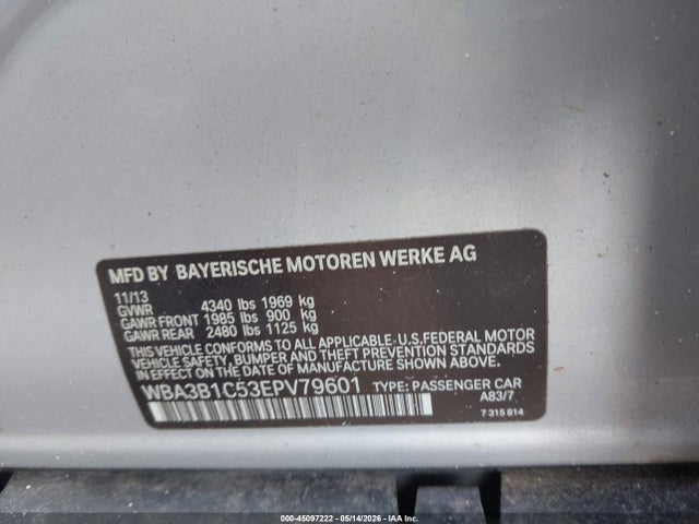 2014 Bmw 320i მანქანა იყიდება აუქციონზე, vin: WBA3B1C53EPV79601, აუქციონის ნომერი: 45097222