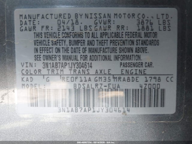 45097234 :رقم المزاد ، 3N1AB7AP1JY304614 vin ، 2018 Nissan Sentra Sr مزاد بيع