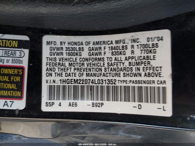 Продаж на аукціоні авто 2004 Honda Civic Ex, vin: 1HGEM22074L031352, номер лоту: 45097233