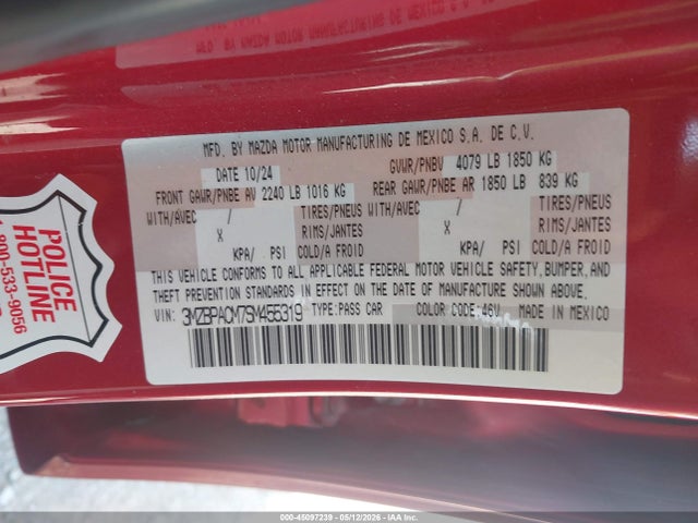 45097239 :رقم المزاد ، 3MZBPACM7SM455319 vin ، 2025 Mazda Mazda3 2.5 S Preferred مزاد بيع