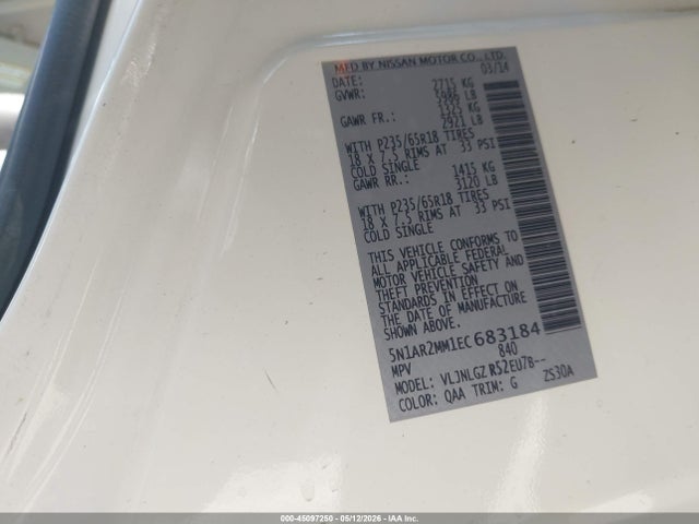 Продаж на аукціоні авто 2014 Nissan Pathfinder Sl, vin: 5N1AR2MM1EC683184, номер лоту: 45097250
