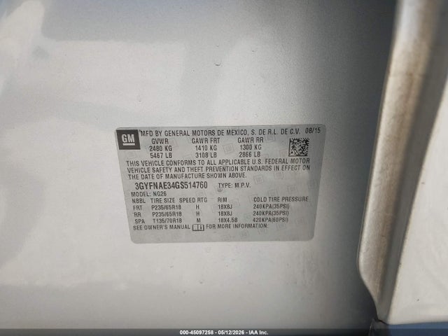 Aukcja sprzedaży 2016 Cadillac Srx Standard, vin: 3GYFNAE34GS514760, numer aukcji: 45097258