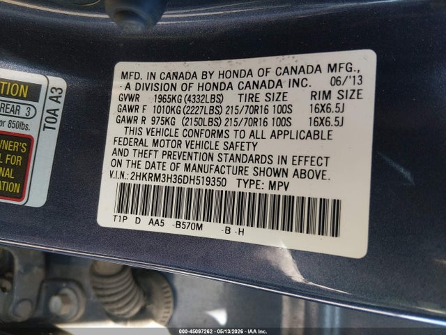 45097262 :رقم المزاد ، 2HKRM3H36DH519350 vin ، 2013 Honda Cr-v Lx مزاد بيع