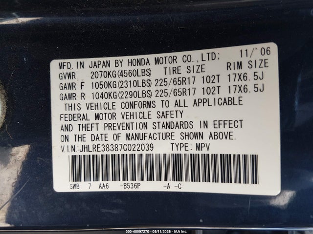 45097270 :رقم المزاد ، JHLRE38387C022039 vin ، 2007 Honda Cr-v Lx مزاد بيع