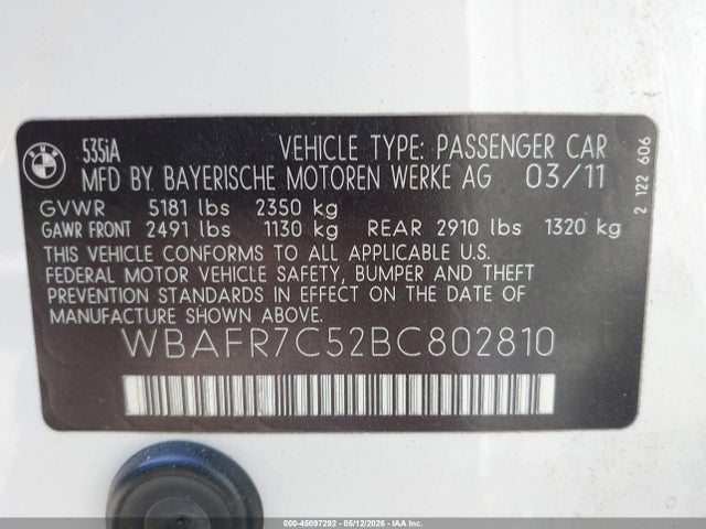 Aukcja sprzedaży 2011 Bmw 535i, vin: WBAFR7C52BC802810, numer aukcji: 45097292