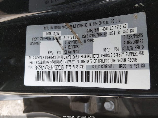 Продаж на аукціоні авто 2018 Mazda Mazda3 Sport, vin: 3MZBN1K72JM197906, номер лоту: 45097297