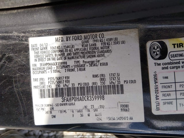 Aukcja sprzedaży 2012 Ford Fusion Se, vin: 3FAHP0HA0CR359998, numer aukcji: 45097298